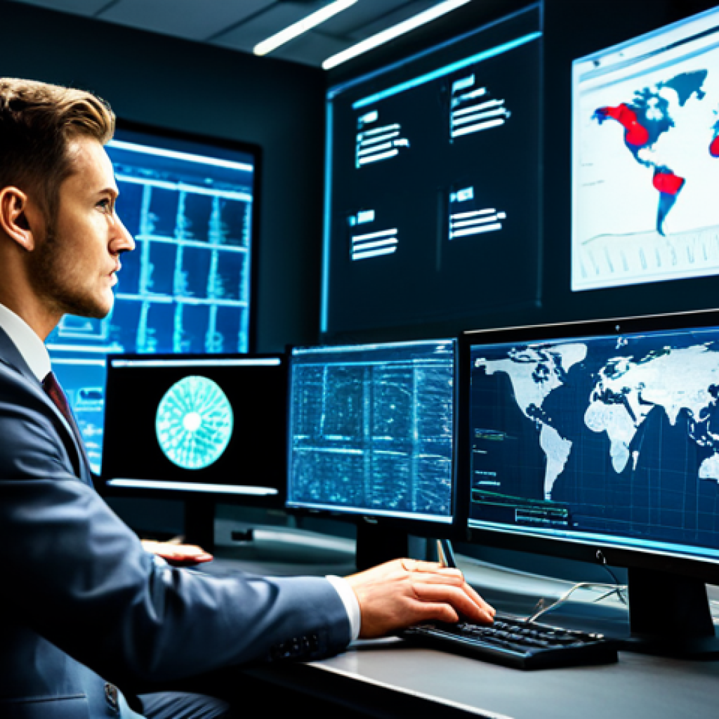 A focused professional male cybersecurity analyst, wearing a modest business suit and tie, sits at a high-tech desk in a modern, well-lit cybersecurity operations center. He is interacting with multiple holographic screens displaying complex network diagrams, real-time data streams, and automated threat alerts, representing SOAR and XDR capabilities. The environment is clean and organized, with server racks visible in the background. The scene emphasizes efficiency and advanced technology. fully clothed, appropriate attire, professional dress, safe for work, appropriate content, professional, perfect anatomy, correct proportions, natural pose, well-formed hands, proper finger count, natural body proportions, professional photography, cinematic lighting, ultra-detailed.