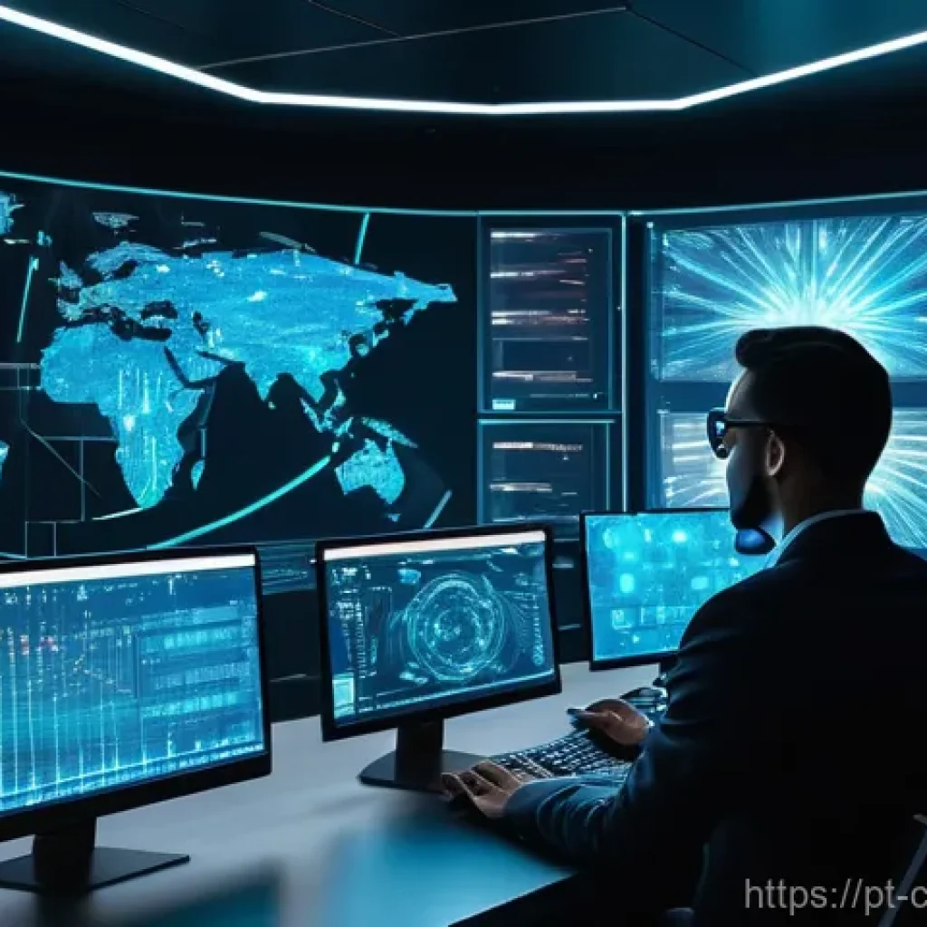 사이버 보안 자동화 도구와 팀 협업 툴 - **AI-Powered Cybersecurity Defense in Action**
    A futuristic, high-tech control room filled with ...