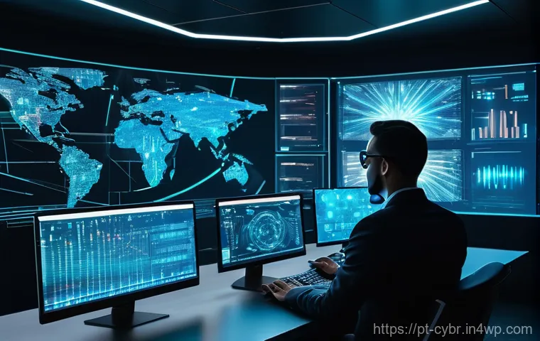 사이버 보안 자동화 도구와 팀 협업 툴 - **AI-Powered Cybersecurity Defense in Action**
    A futuristic, high-tech control room filled with ...