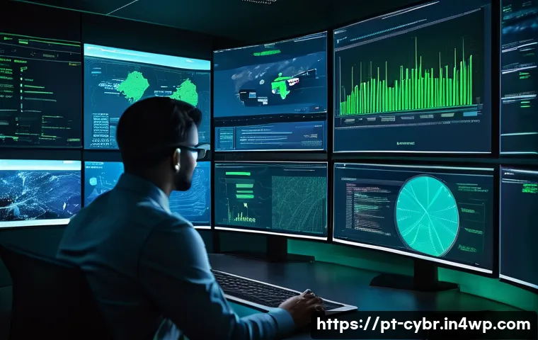 사이버 보안 자동화 도구의 패턴 인식 - A high-tech cybersecurity operations center with diverse professionals monitoring multiple large scr...