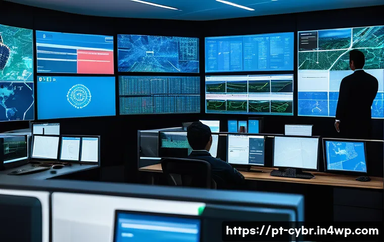 사이버 보안 자동화 도구와 위험 평가 도구 - A high-tech cybersecurity operations center with diverse professionals working collaboratively, mult...