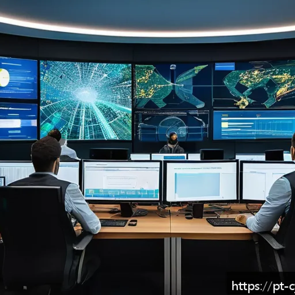 사이버 보안 자동화 도구의 사례 연구 - A modern Brazilian corporate office environment with diverse professionals monitoring multiple large...