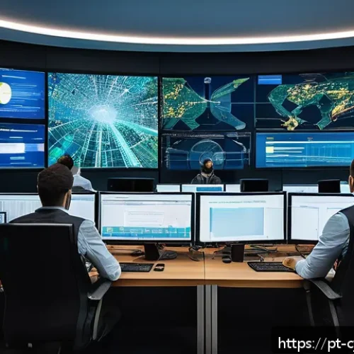 사이버 보안 자동화 도구의 사례 연구 - A modern Brazilian corporate office environment with diverse professionals monitoring multiple large...