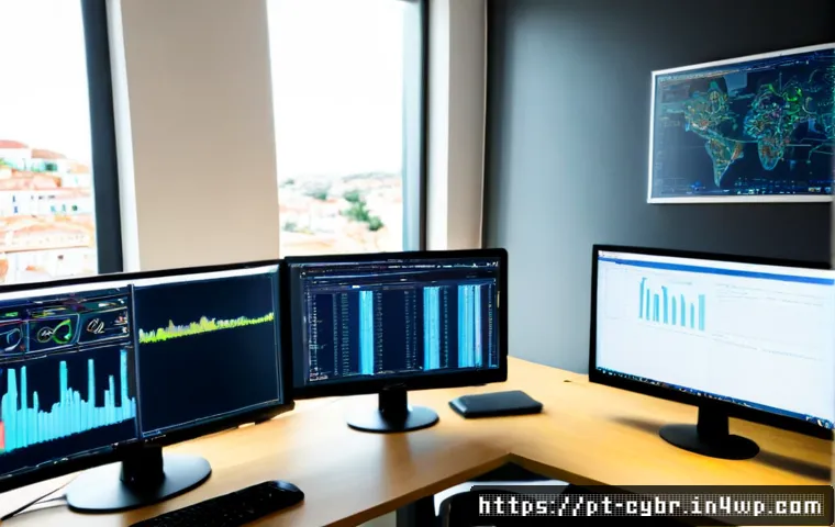 사이버 보안 자동화 도구와 머신러닝 - Photorealistic cybersecurity automation workspace in a modern Lisbon office, a Portuguese IT analyst...