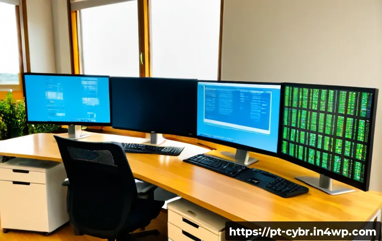 Home 17 사이버 보안 자동화 도구의 지속 가능성 - Photorealistic modern cybersecurity operations desk in a Lisbon office, diverse Portuguese-speaking ...